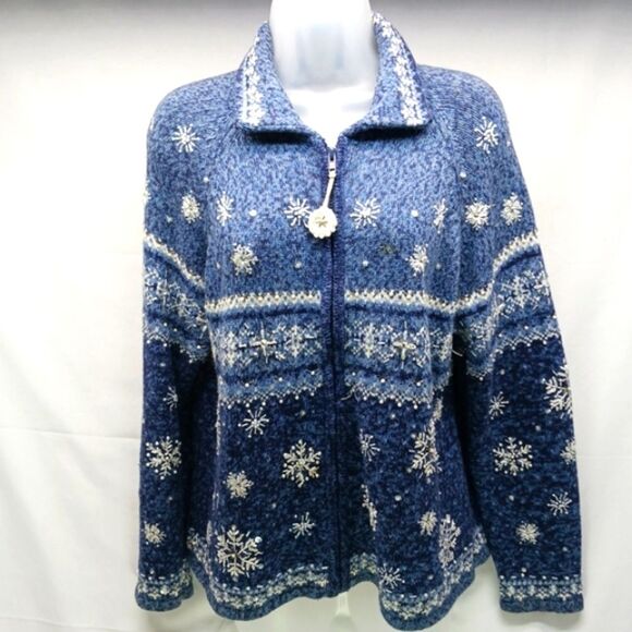 Tiara Internation 2004 Christmas Blue Snowflake Knit Zip-Up Cardigan Women's L.. - Picture 2 of 10